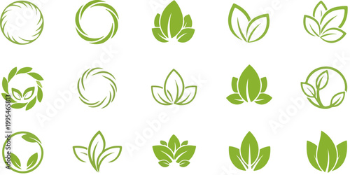Green leaf logo icons set, organic nature symbols for branding, 15 eco-friendly botanical vector elements for wellness and sustainability design