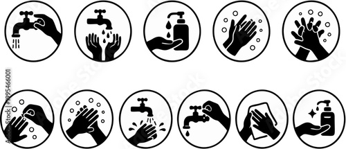 Hand Washing Steps Icon Set – Hygiene, Sanitation, Germ Prevention, Clean Hands