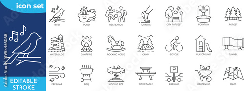 Park line editable icon set. Editable stroke. Containing Park, Dog Walk, Bench, Gardening, forest, Camp, Picnic, Playground, Recreation, and more.