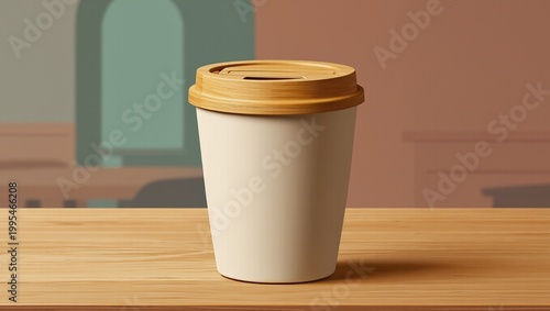 Reusable coffee cup on a wooden counter in a warm cafe setting