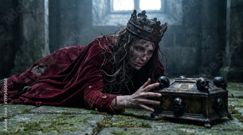 A distressed queen, wearing a crown and tattered red robes, reaches for a skull-adorned box on a mossy stone floor.