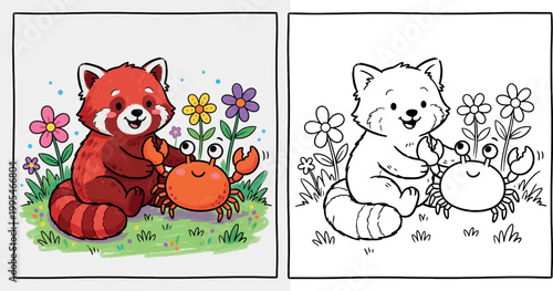 Red Panda and Crab in Flowers Coloring Page