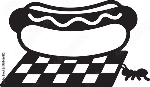 Black and white hot dog icon, checkered tablecloth, ant crawling by, vector illustration, food symbol