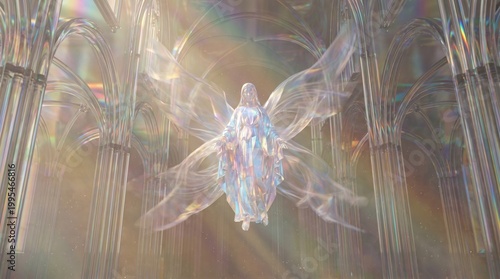A shimmering figure with crystalline wings floats within a luminous, gothic-inspired architectural space filled with rainbow light.