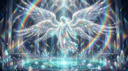 An angel with crystalline wings hovers over a glowing pool in a shimmering, prismatic chamber filled with large crystals.