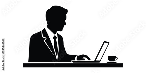Businessman typing on laptop with coffee cup during workday Vector Illustration Isolated on white background