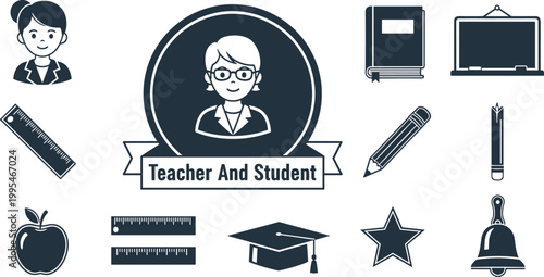 Teacher Student Education Silhouette Icons Set with School Symbols
