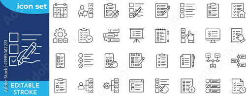 To do list line icon set. Editable stroke. Contain icons related to checklist, plan, task, to do list, and more.