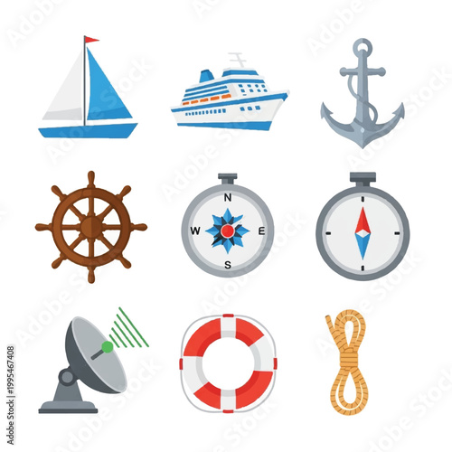Nautical icons and ship equipment symbols.