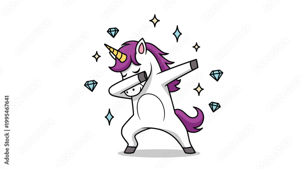 Fototapeta premium Magic white unicorn with purple hair doing a dabbing pose surrounded by blue diamonds and gold stars on a plain white background.