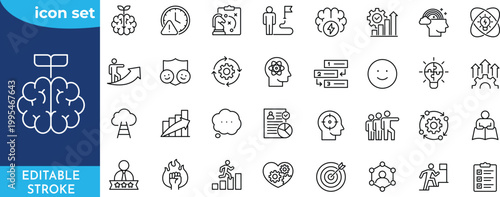 Human productivity line icon set. Editable stroke. Containing Productivity, efficiency, task, focus, target, growth, routine, and more.