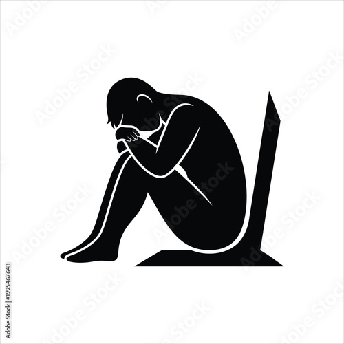 Person curled up in distress against a sharp abstract shape isolated on white background