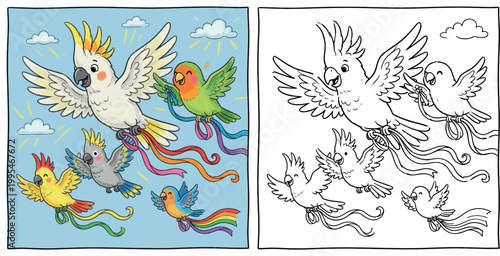 Colorful Birds Flying with Ribbons Coloring Page