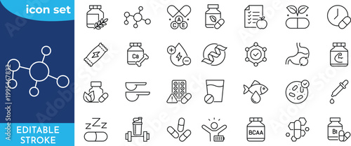 Supplement line icon set. Editable stroke. Containing vitamin, nutritional Supplements, capsule, protein, minerals, herbal, probiotic, antioxidant and more.