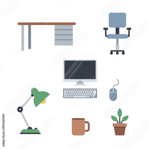 Office desk with chair and computer.