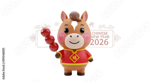 Cute cartoon horse character holding a traditional Chinese candy snack 1.