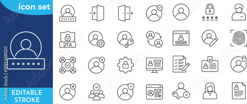 User account icon set. Editable stroke. Containing profile, login, avatar, connect, password, username, add friend and more. Outline Icon Collection.
