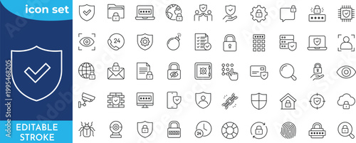 Security Services line icon set. Editable stroke. Containing Guard, cyber security, password, smart home, safety, data protection, key, shield, lock, and more.