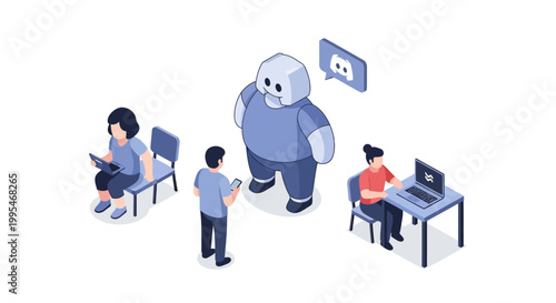 Isometric Illustration of a Friendly Robot Interacting with People.
