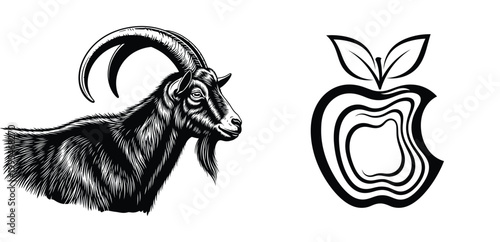 Black and white engraved goat head and stylized apple animal horns beard
