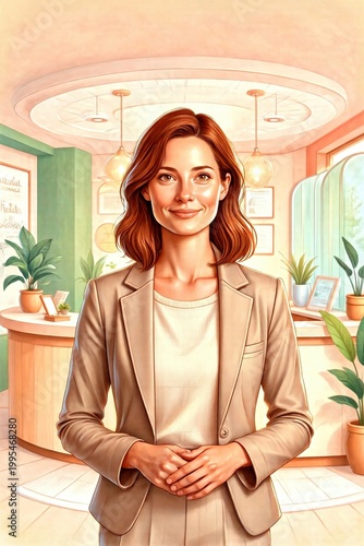 Wellness coordinator in a bright spa reception with a welcoming smile