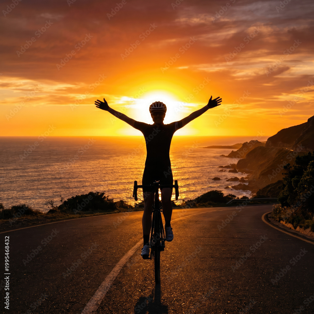 Fototapeta premium Cyclist Celebrates on Winding Road with Ocean View at Sunset
