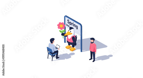 Cartoon Duck Mascot Presenting Spring Season with Flowers and People.