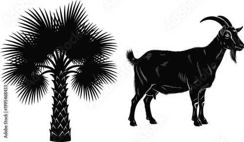 Black silhouette of a goat standing next to a palm tree on a white background