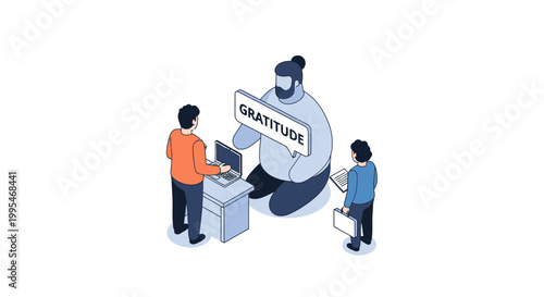 Isometric illustration of gratitude concept with diverse people and sign.