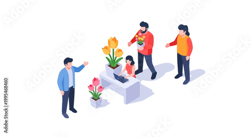 Isometric illustration of a family visiting a sick child with flowers.