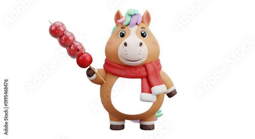 Cute Cartoon Horse Character Holding Traditional Chinese Candied Hawthorn Snack.
