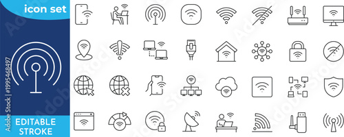 Wifi icon set. Editable stroke. Containing wifi, online, signal, wireless, internet, connect, hotspot, offline, wifi router, computer, and more. Outline Icon Collection.
