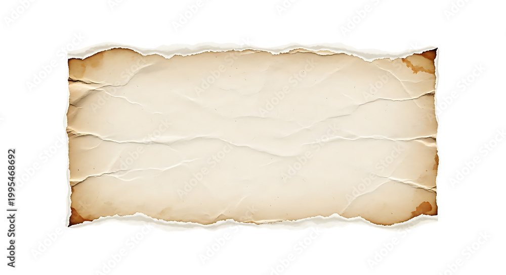 Obraz premium Torn Aged Vintage Paper Scrap with Ragged Edges and Horizontal Creases Isolated on a Solid Black Background