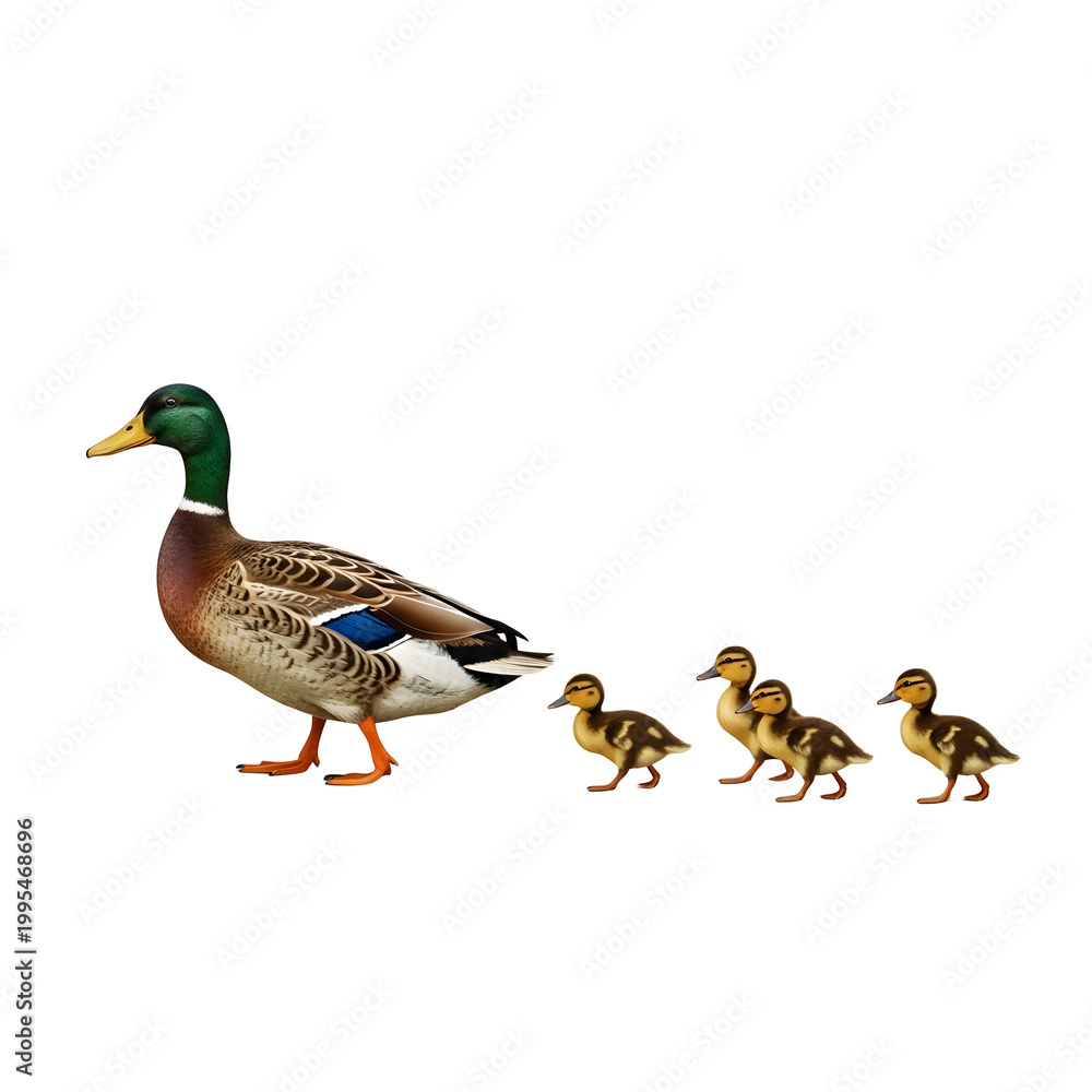 Obraz premium Mallard duck with ducklings isolated on transparent background