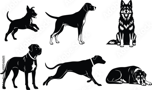 Dog silhouettes collection with various breeds poses and actions, cad drawing flat vector illustration for pet animal design projects