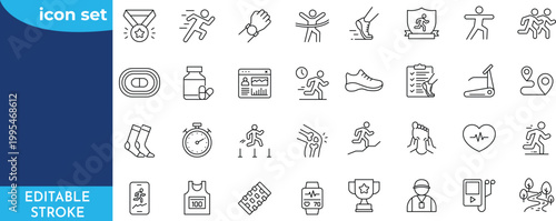 Running line icon set. Editable stroke. Contain icons related to Running sport, marathon, runner, race, finish line, treadmill and more.
