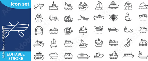 Water Transport line icon set. Editable stroke. Containing ship, yacht, cruise, cargo shipping, ferry, boat, and more.
