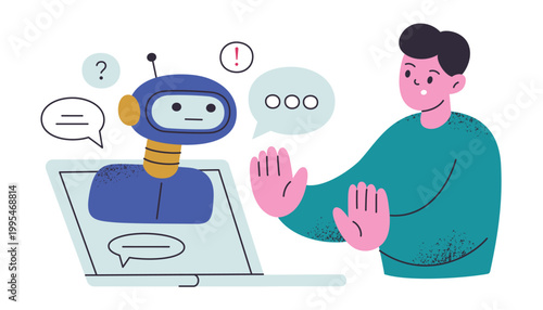 Person recoiling from AI assistant on laptop screen, flat cartoon character with fear and anxiety. Artificial intelligence phobia, technology stress, negative emotions vector illustration, ai anxiety
