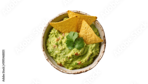 Photos Green guacamole with tortilla chips and cilantro, isolated on transparent backgr