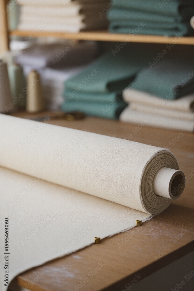 Fototapeta premium Fabric roll on a workshop table with textiles stacked behind