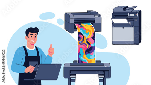 Skilled technician or designer managing professional printing operations with advanced large format and office digital equipment.