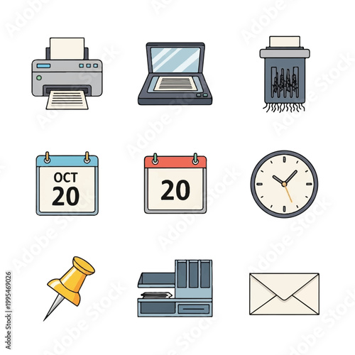 Office supplies icons set including printer scanner shredder calendar clock.