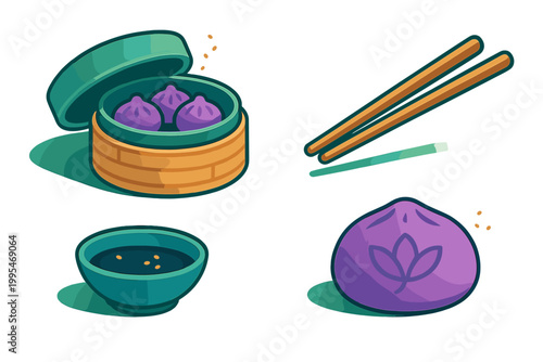 Vibrant Asian dim sum dumplings in bamboo steamer basket with chopsticks and dipping sauce