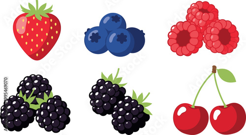 Colorful flat berry fruit icon set featuring strawberry blueberry raspberry blackberry cherry vector collection for healthy food design