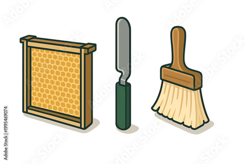 Beekeeping supplies collection with honeycomb frame, hive scraper, and bee brush