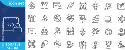 hackathon icon set. Editable stroke. Contain icons related to Containing Coding, Challenge, innovation, Collaboration, Development, Technology, Startup, Prototype, and more.