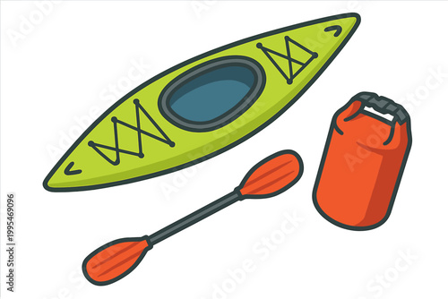 Bright green kayak with paddle and orange dry bag for river or lake water activities