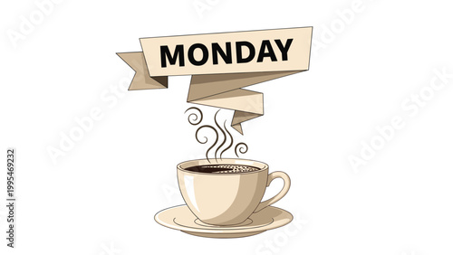 Conceptual illustration of a steaming cup of coffee with a Monday banner symbolizing the start of a busy work week.