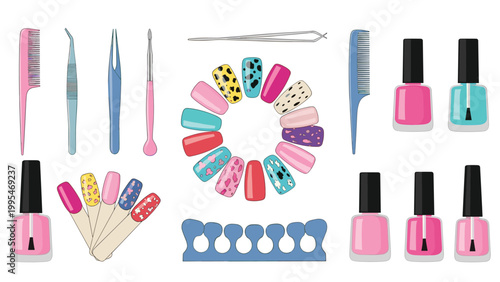 Comprehensive set of nail care tools and beauty products including nail polish bottles, combs, tweezers, and decorative tips.