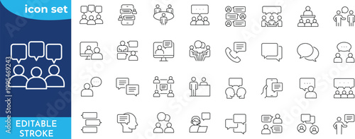 Conversation icon set. Editable stroke. Contain icons related conversation, chat, discussion, talking, speaking, and more. Outline Icon Collection.